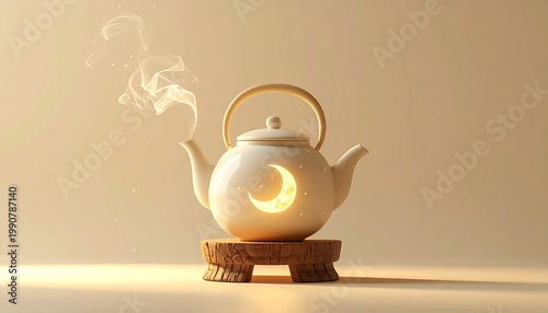 Ceramic moon-shaped teapot with steam on wooden coaster in warm lighting