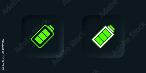 Green Battery charge level indicator icon isolated on black background. Black square button. Vector