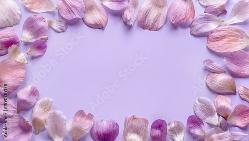 Anemone petals flat lay on lavender background with soft shadows and clean centered copy space
