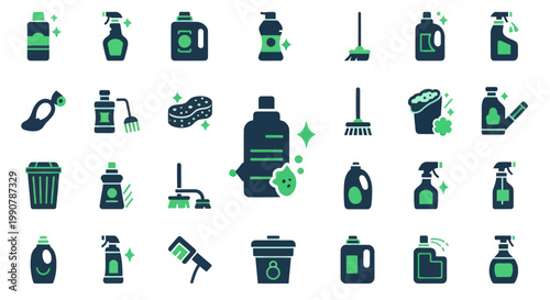 Cleaning Supplies Icons: Bottles, Sprays, Mops, Sponges, Buckets - Vector Set