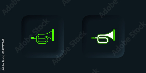 Green Musical instrument trumpet icon isolated on black background. Black square button. Vector