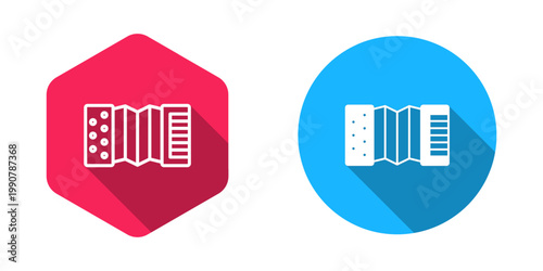 Filled and outline Musical instrument accordion icon isolated with long shadow background. Classical bayan, harmonic. Vector