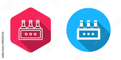 Filled and outline Pack of beer bottles icon isolated with long shadow background. Wooden box and beer bottles. Case crate beer box sign. Vector