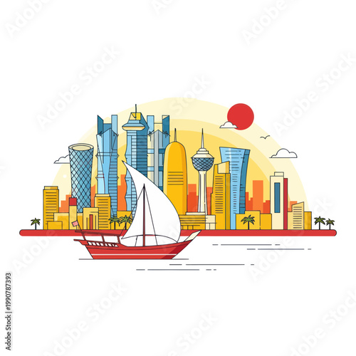 Doha Skyline with Traditional Dhow Boat and Palm Trees, Qatar