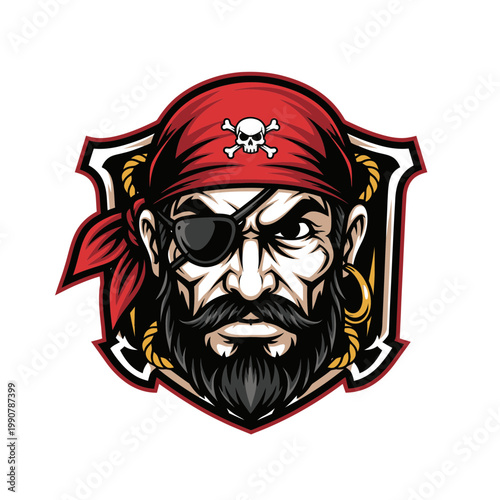 Fierce Pirate Captain with Eye Patch and Bandana, Skull Emblem