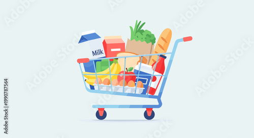Colorful grocery shopping cart with various food items in bright modern illustration for e commerce