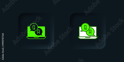 Green Speech bubbles with Question and Answer icon isolated on black background. Q and A symbol. FAQ sign. Chat speech bubble and chart. Black square button. Vector