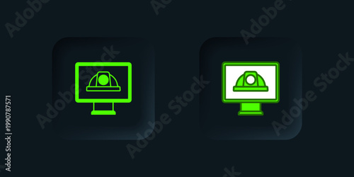 Green Worker safety helmet icon isolated on black background. Black square button. Vector