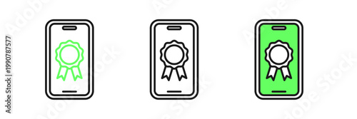 Set line Online education with diploma icon isolated on white background. Diploma online at home. Webinar and video seminar learning. Vector