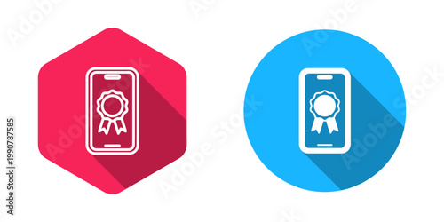 Filled and outline Online education with diploma icon isolated with long shadow background. Diploma online at home. Webinar and video seminar learning. Vector