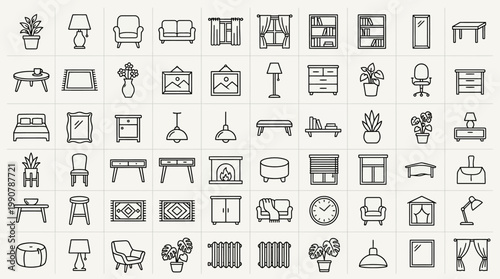 Flat vector icon set of various furniture and household items displayed in a grid