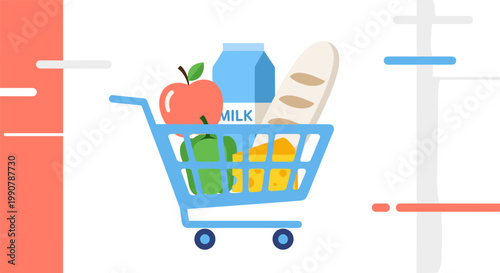 Shopping cart with fresh groceries in colorful vibrant illustration for e commerce