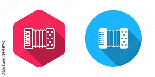 Filled and outline Musical instrument accordion icon isolated with long shadow background. Classical bayan, harmonic. Vector