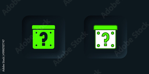 Green Mystery box or random loot box for games icon isolated on black background. Question mark. Unknown surprise box. Black square button. Vector