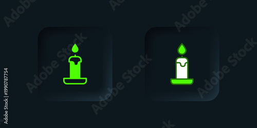 Green Burning candle in candlestick icon isolated on black background. Cylindrical candle stick with burning flame. Black square button. Vector