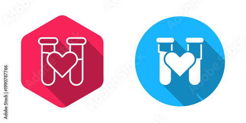 Filled and outline Test tube or flask with blood icon isolated with long shadow background. Laboratory, chemical, scientific glassware sign. Vector