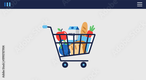 Shopping cart with fresh groceries in colorful flat illustration for e-commerce