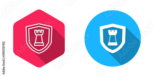 Filled and outline Chess shield icon isolated with long shadow background. Business strategy. Game, management, finance. Vector