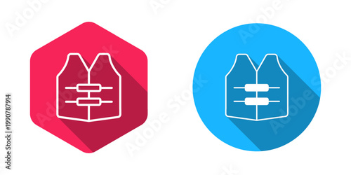 Filled and outline Life jacket icon isolated with long shadow background. Life vest icon. Extreme sport. Sport equipment. Vector