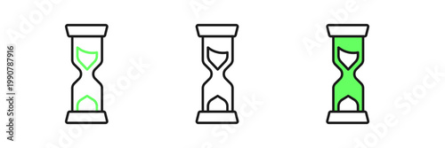 Set line Old hourglass with flowing sand icon isolated on white background. Sand clock sign. Business and time management concept. Vector