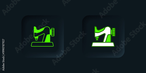 Green Sewing machine icon isolated on black background. Black square button. Vector