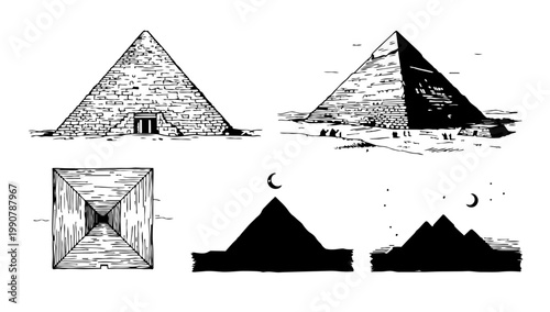 Egyptian Pyramids Desert Landscape Collection Featuring Detailed Line Art Sketches and Nighttime Silhouettes with Moon and Stars