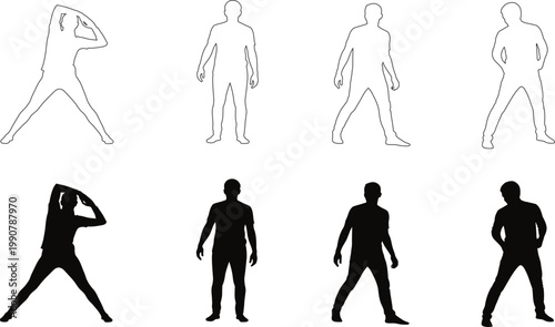 Anatomical study of human figures line drawings depicting various poses and perspectives