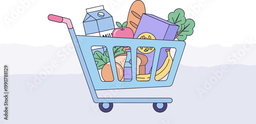 Shopping cart with fresh groceries in colorful cartoon style for e-commerce