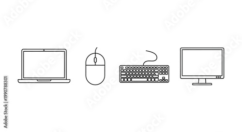 Computer keyboard mouse laptop monitor.