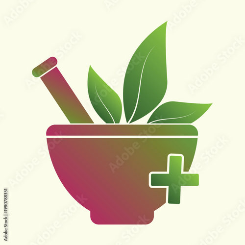Ayurvedic Herbal Medicine Logo Vector with Mortar, Green Leaves and Medical Cross