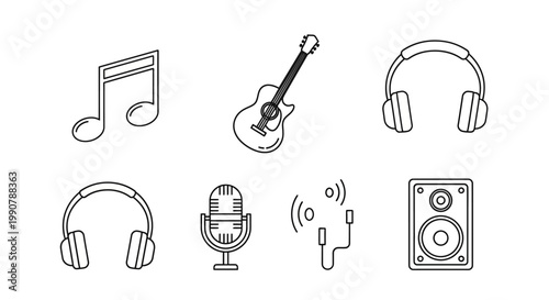 Music icons and audio equipment symbols.