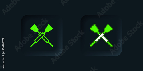 Green Crossed oars or paddles boat icon isolated on black background. Black square button. Vector
