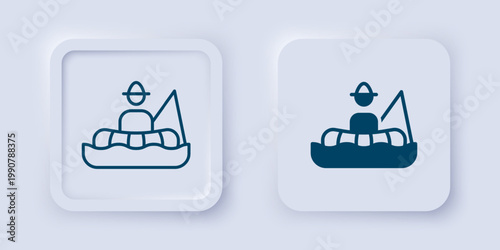 Filled and outline Fisherman sitting in a boat and fishing with a rod icon isolated on grey background. Square button. Vector