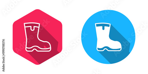 Filled and outline Fishing boots icon isolated with long shadow background. Waterproof rubber boot. Gumboots for rainy weather, fishing, hunter, gardening. Vector