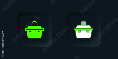 Green Case or box container for wobbler and gear fishing equipment icon isolated on black background. Fishing tackle. Black square button. Vector