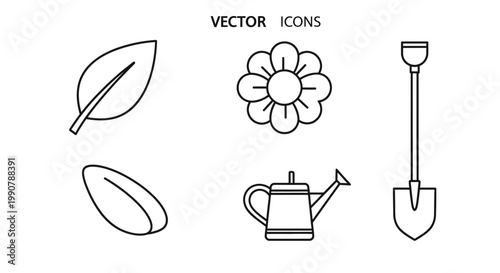 Vector icons of gardening tools and plant.