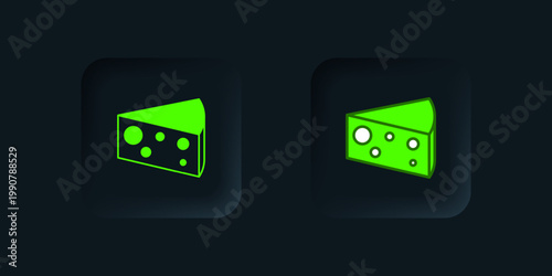 Green Cheese icon isolated on black background. Black square button. Vector