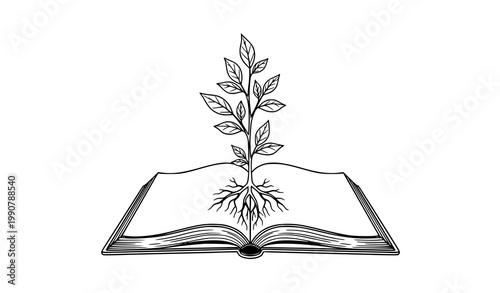 Black white open book and plant growth hand drawn vector conceptual illustration
