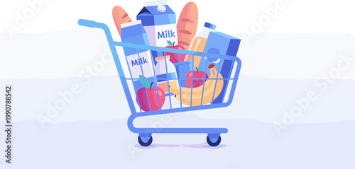 Shopping cart filled with colorful groceries in bright cartoon style for e-commerce