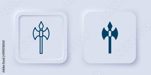 Filled and outline Medieval axe icon isolated on grey background. Battle axe, executioner axe. Medieval weapon. Square button. Vector