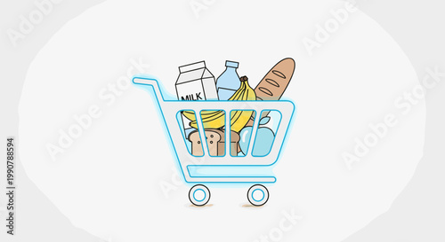 Shopping cart with groceries in minimalist blue line art for e-commerce