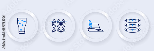 Set line Sausage, Oktoberfest hat, Dried fish and Glass of beer icon. Vector