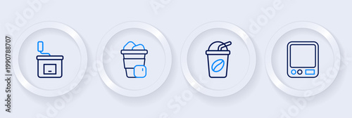 Set line Electronic coffee scales, Iced, and Manual grinder icon. Vector