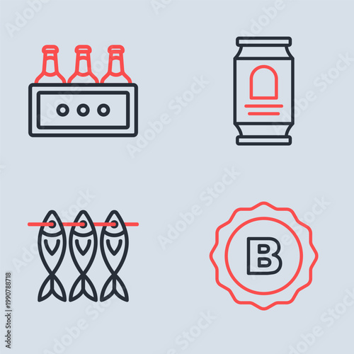 Set line Beer can, Dried fish, Bottle cap and Pack of beer bottles icon. Vector