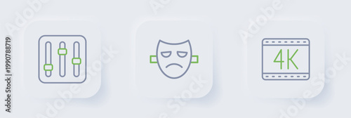 Set line 4k movie, Drama theatrical mask and Sound mixer controller icon. Vector