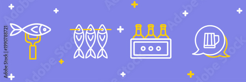 Set line Wooden beer mug, Pack of bottles, Dried fish and icon. Vector