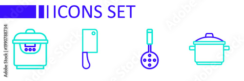 Set line Cooking pot, Spatula, Meat chopper and Slow cooker icon. Vector