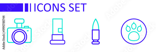Set line Paw search, Bullet, Cartridges and Photo camera icon. Vector