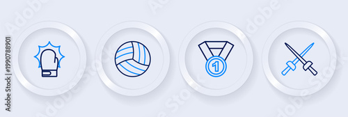 Set line Fencing, Medal, Volleyball ball and Punch boxing gloves icon. Vector