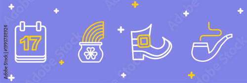 Set line Smoking pipe, Leprechaun boot, Pot of gold with rainbow and Saint Patricks day calendar icon. Vector